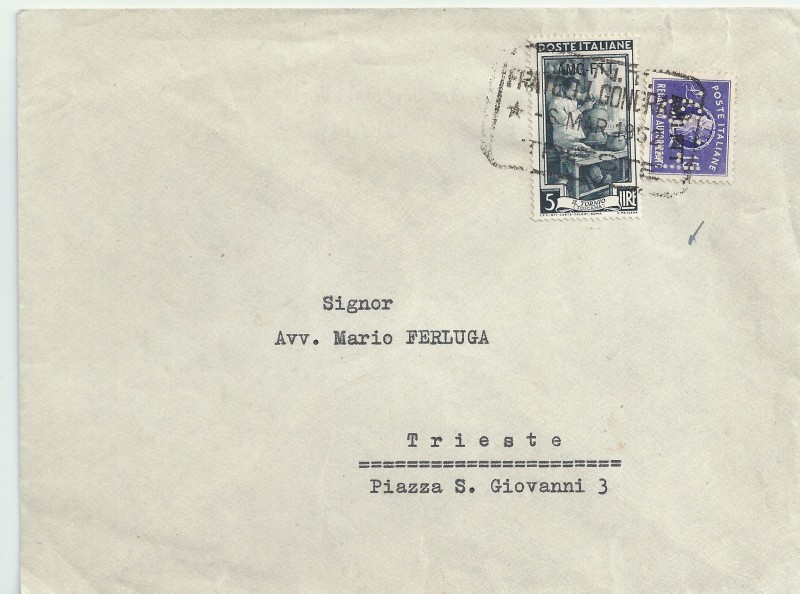 1952.3 - 6.3.52 AMG FTT lettera recapito autorizzato mista con marca con perforazione FG Fratelli Gondrand applicata capovolta.JPG