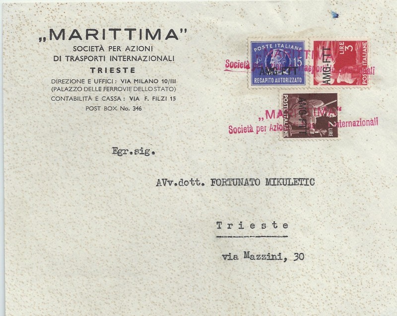 1952 - lettera per citta recapitata da una ditta con mezzi propri. Tassa 20L assolta con marca recapito integrata da bolli..JPG