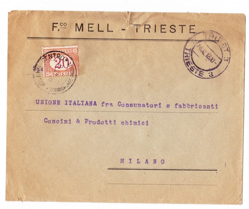 1918.11 - 14.11.18  Commercial Letter from Trieste to Milan non affrancata e tassata all'arrivo..jpg