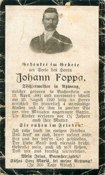 Foppa Johann Tischermeister in Atzwang, Südtirol 1881-1920 Buchenstein, Belluno.jpg