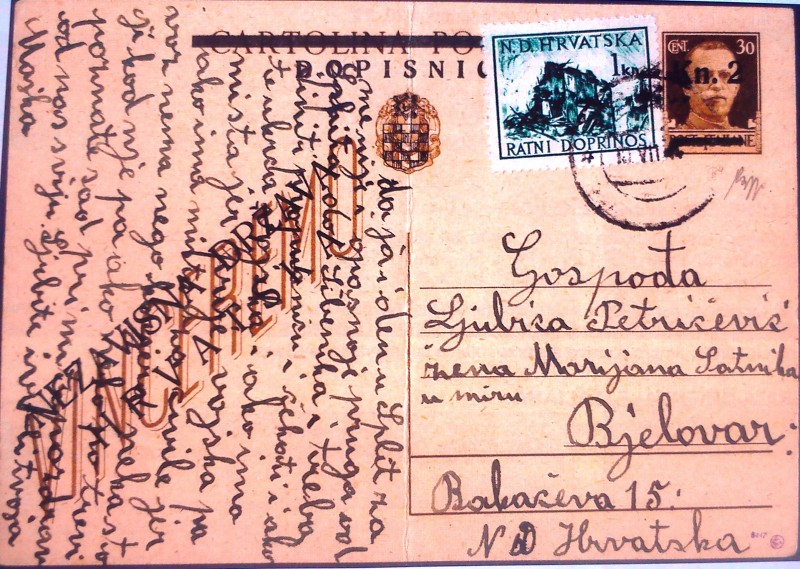 30 cent. e 1 ku da Sebenico a Bjelovar 1944.jpg