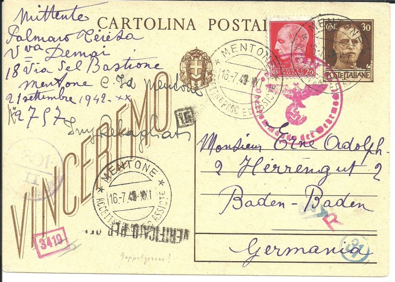 cartolina 30 cent Vinceremo da Mentone per Baden Baden Germania luglio 43.jpg