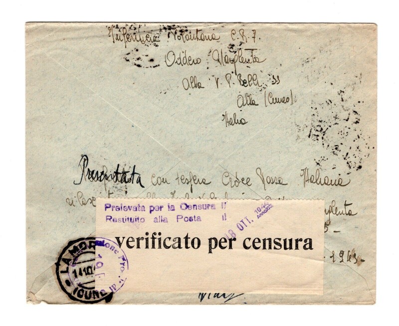 retro lettera da la morra per ginevra del 16 10 1944 - censura cuneo 18 10 1944 - timbro cri alba.jpg