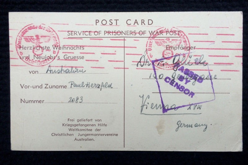 1942 - YMCA WW2 POW CHRISTMAS POSTCARD to Germany (Koala).jpg